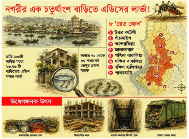 দৈনিক পূর্বকোণ - চট্টগ্রামের দৈনিক ঝুঁকিসীমার চেয়ে ৩ গুণ বেশি এডিস লার্ভা, শীর্ষে ৮ ওয়ার্ড